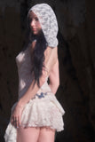 Cream lace hooded cowl neck top with matching asymmetrical ruffle mini skirt