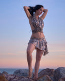 Sequin Leopard print wrap halter top with matching ruffle skirt set