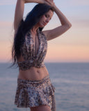 Sequin Leopard print wrap halter top with matching ruffle skirt set