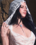 Cream lace hooded cowl neck top with matching asymmetrical ruffle mini skirt