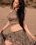 Zebra print key hole top and ruffle mini skirt two piece set