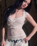 Cream lace hooded cowl neck top with matching asymmetrical ruffle mini skirt