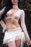 Cream lace wrap long sleeve top with ruffle mini skirt matching set