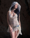 Cream lace hooded cowl neck top with matching asymmetrical ruffle mini skirt