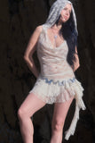 Cream lace hooded cowl neck top with matching asymmetrical ruffle mini skirt