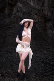 Cream lace wrap long sleeve top with ruffle mini skirt matching set